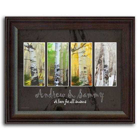 Personalized art using four seasonal photos of aspen trees and your name below - Personal-Prints