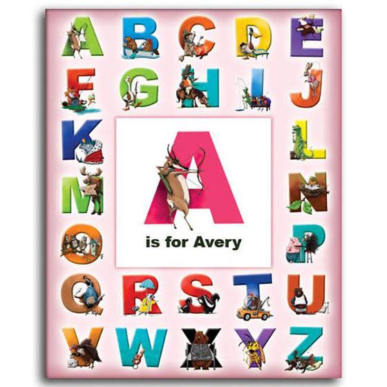 Personalized girls wall decor for kids room with letters and animals of the alphabet - Personal-Prints