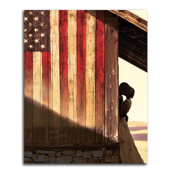 Romantic wall art of a couple embracing next to an American wooden flag