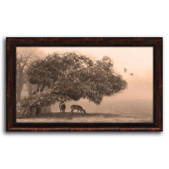 Sepia-toned nature wall decor of a tree in a field with two deer grazing below - Personal-Prints