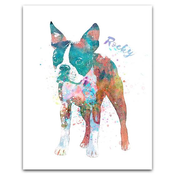 Personalized contemporary watercolor boston terrier dog art print mounted on wood block- Personal-Prints
