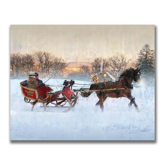 christmas Art of a horse pulling a sleigh Mounted to wood wood block