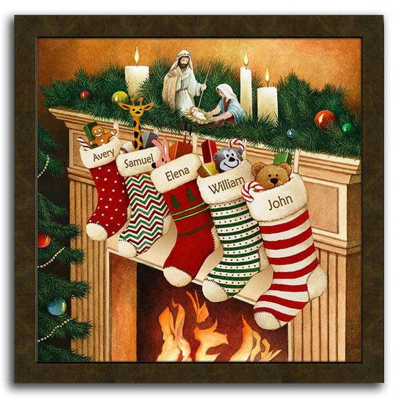 Christmas framed art featuring stockings hanging from the mantle over a fire - Personal-Prints