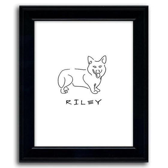 Personalized dog line drawing of a corgi with a white background and a black frame - Personal-Prints