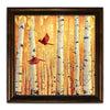 Aspen tree art with two cardinals flying in front of a forest of yellow aspen trees - Personal-Prints