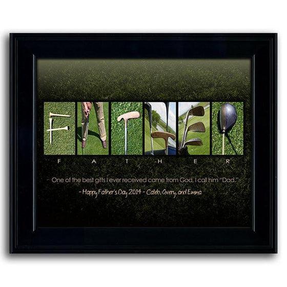 Creative Father's Day gift using golf-themed photographs to spell the word FATHER - Personal-Prints