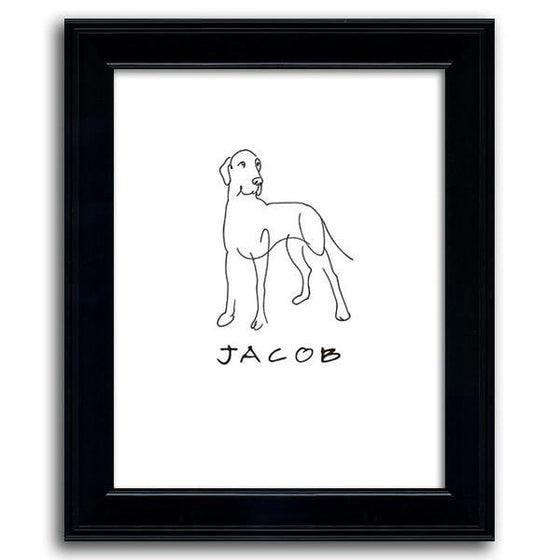 Simple dog line drawing of a Great Dane on a white background and the pet's name below - Personal-Prints
