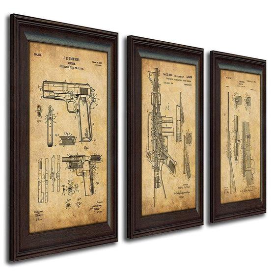 Vintage gun posters of the original patent art for a Colt Revolver, Browning 1911, Shotgun, and AR-15 - Personal-Prints