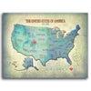 Blue personalized map of the United States with a red heart for your home state - Block Mount