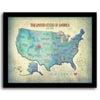 Blue personalized map of the United States with a red heart for your home state -Framed Canvas