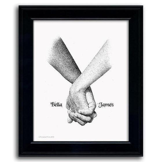 Romantic art pencil drawing of two hands intertwining fingers and your names on either side - Personal-Prints
