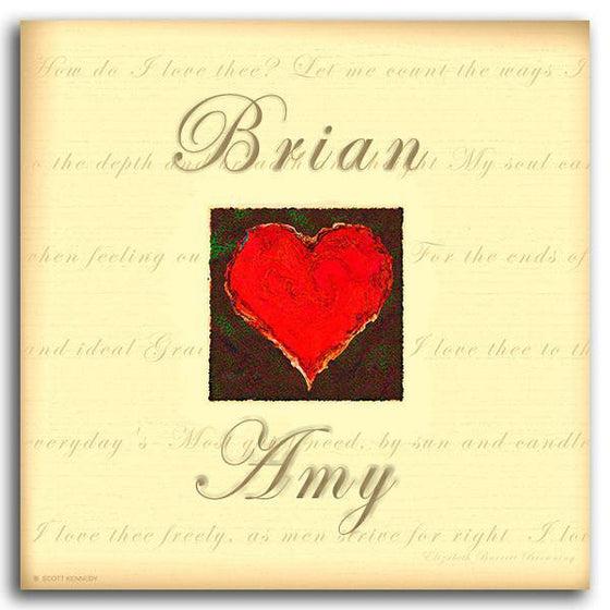 Romantic love print with a red heart, yellow background with a quote, and your names - Personal-Prints