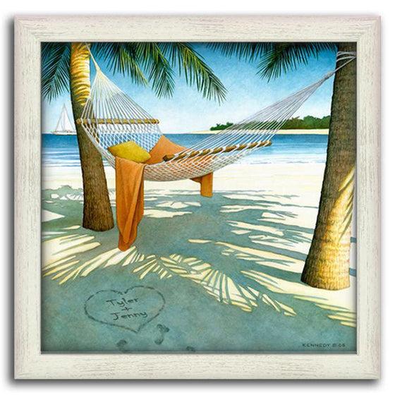 Framed beach picture of a hammock hanging between two palm trees and ocean in the background - Personal-Prints