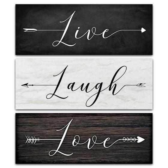 Set of three wall art panels that say Live, Laugh, Love in script