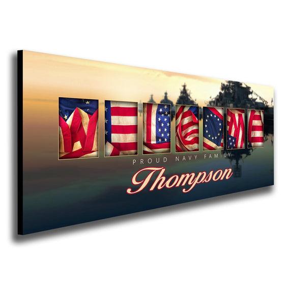 Navy art design using the American flag to spell the word Welcome - Personal-Prints