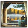 Personalized cabin lake art of a window looking at a lake with a canoe - Personal-Prints