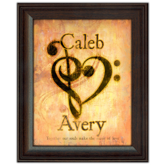 Personalized Art framed under glass - the Bass and Treble cleff form a heart
