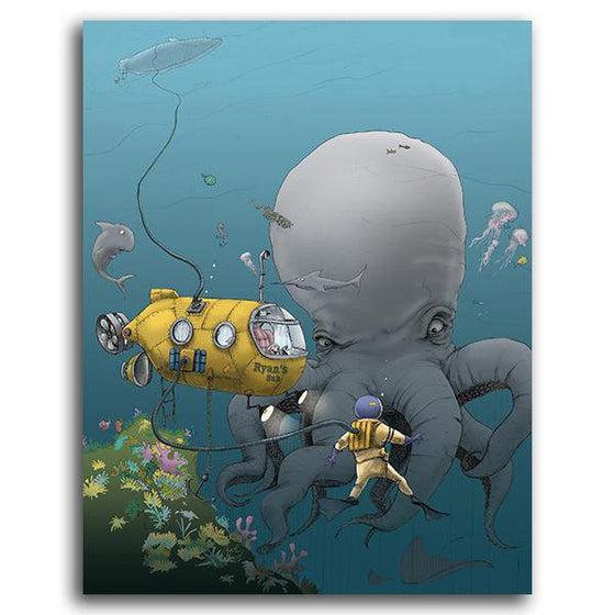 Personalized children's art print of an octopus and submarine - Personal-Prints
