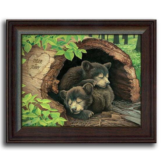 Animal art painting print of two bear cubs napping in a hollow tree - Framed behind glass- Personal-Prints