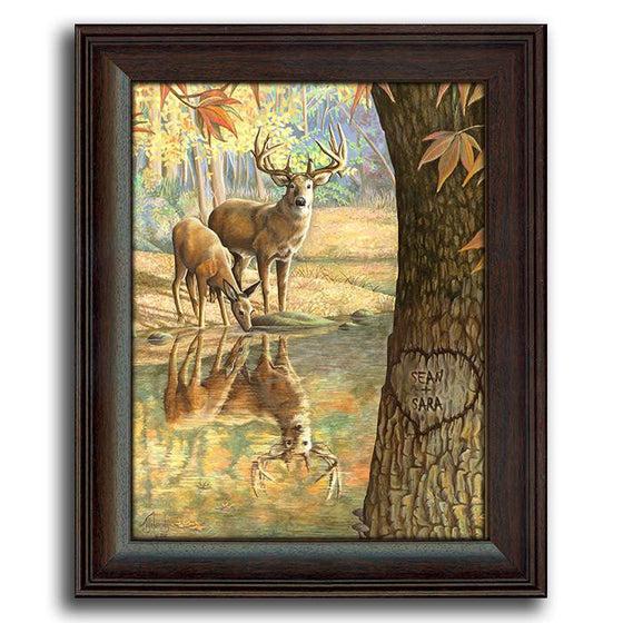 Personalized painting of deer next to a lake and your names carved into a tree - Personal-Prints