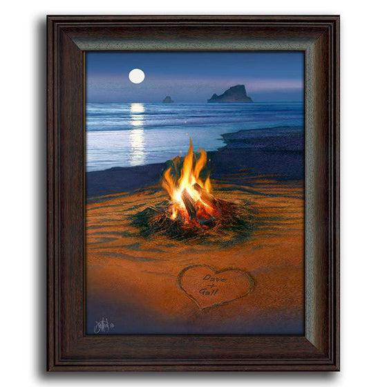 Beach scene on canvas of a campfire and a moon reflecting on the water - Personal-Prints