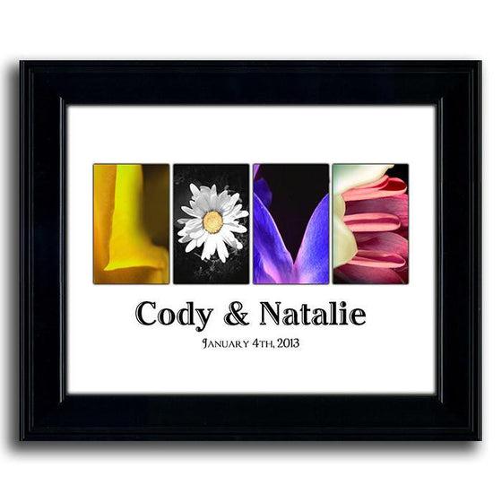 Personalized art using colorful photographs of flowers to spell the word LOVE and your name below - Personal-Prints