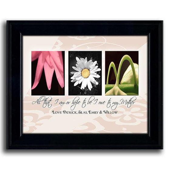 Framed flower print that uses photographs of flowers to spell the word MOM and a personalization below - Personal-Prints
