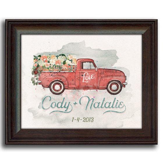 Romantic personalized gift of nostalgic watercolor art featuring a red truck and 