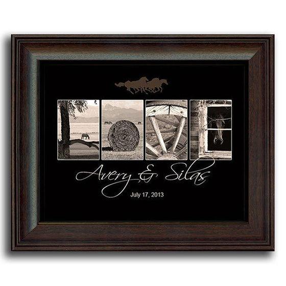 Western style art using horse-themed, black and white photographs to spell the word LOVE - Personal-Prints